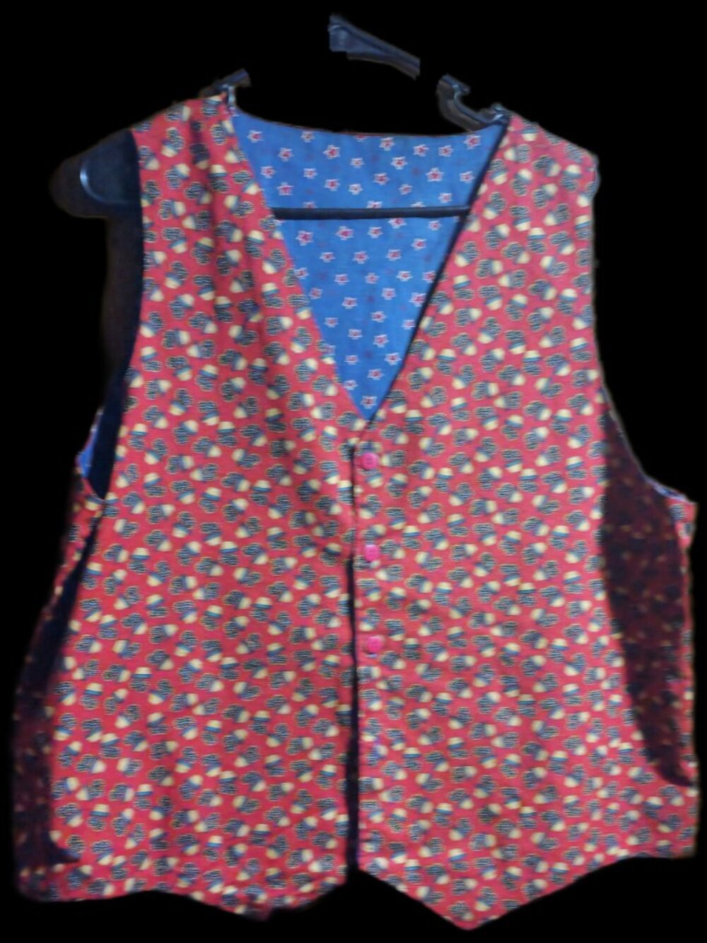 Vintage Cotton Vest Red Blue Star Basket Print Country Cottagecore Plus Size